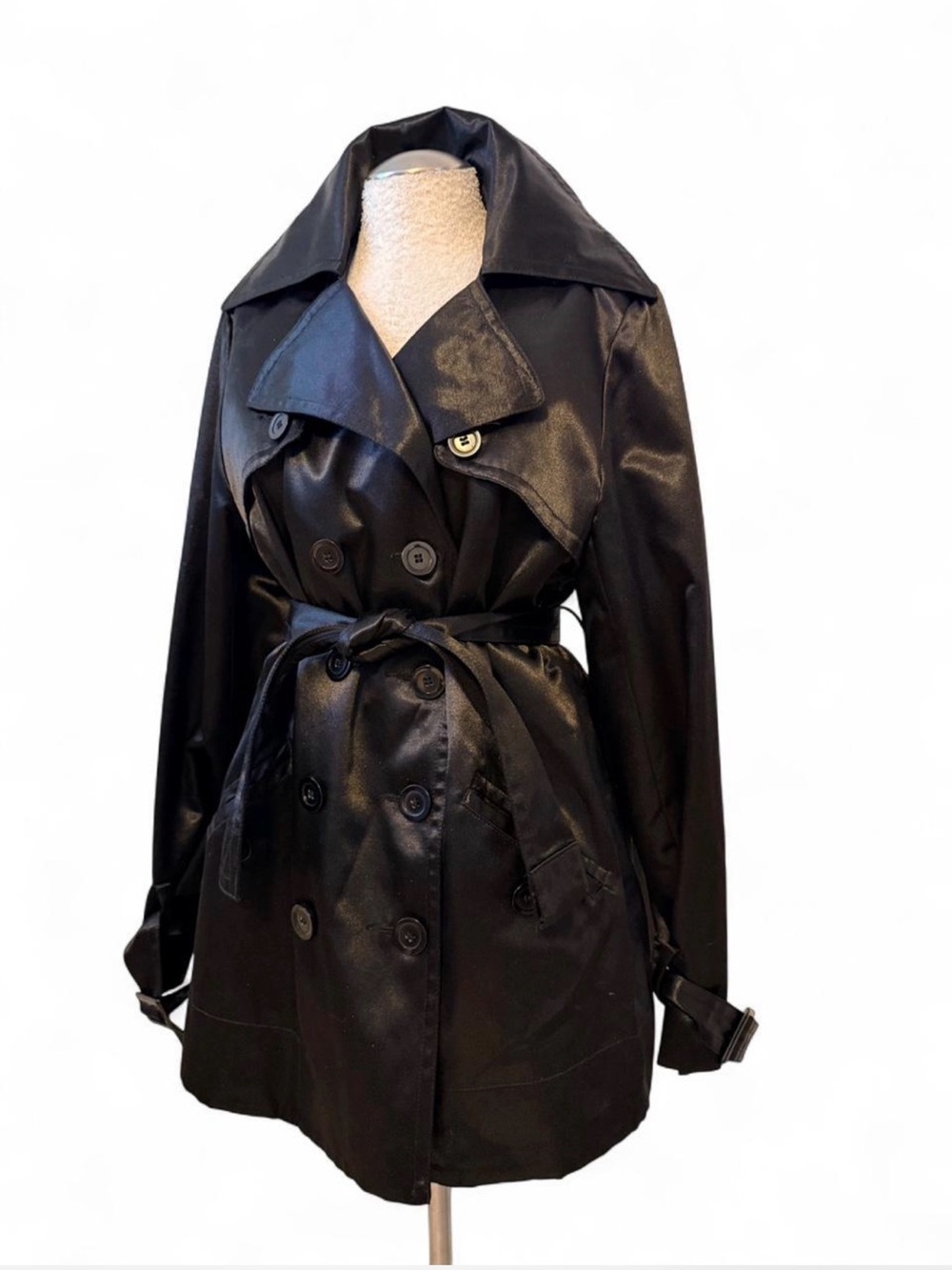 Black Rivet Black Satin Trench Coat with Waist Tie